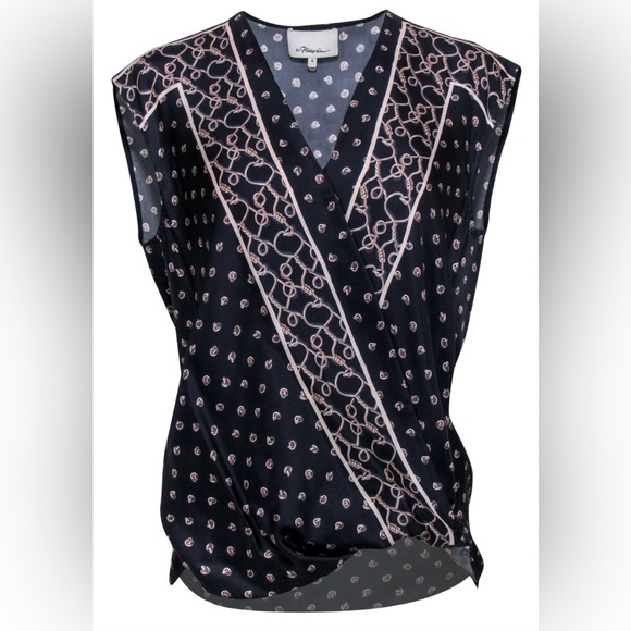 3.1 Phillip Lim Navy Silk Crossover Tank with Chainlink Print - Picture 1 of 4
